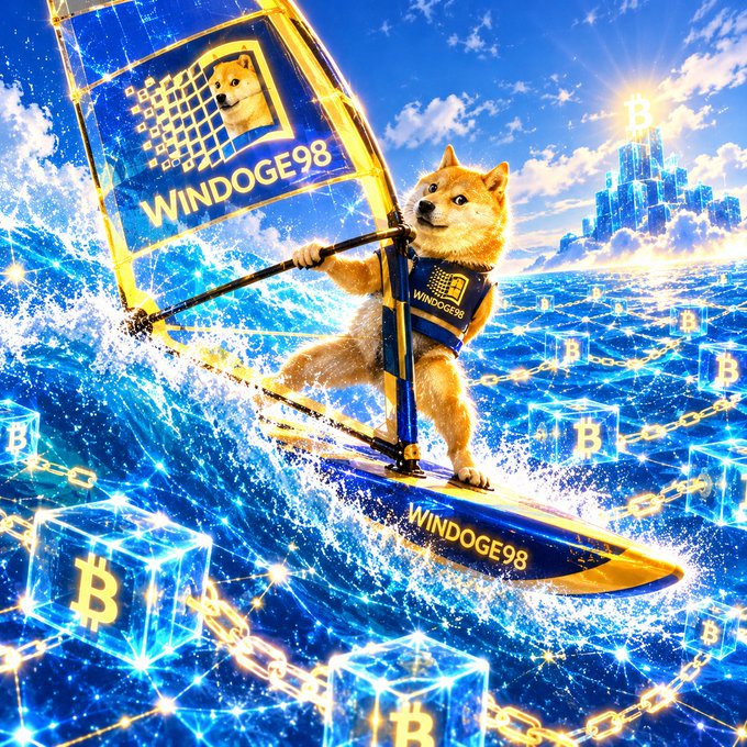 Digital artwork of a Shiba Inu dog windsurfing on a board labeled 'WINDOGE98', surrounded by water, Bitcoin logos on cubes, chains, and a futuristic Bitcoin city in the background.