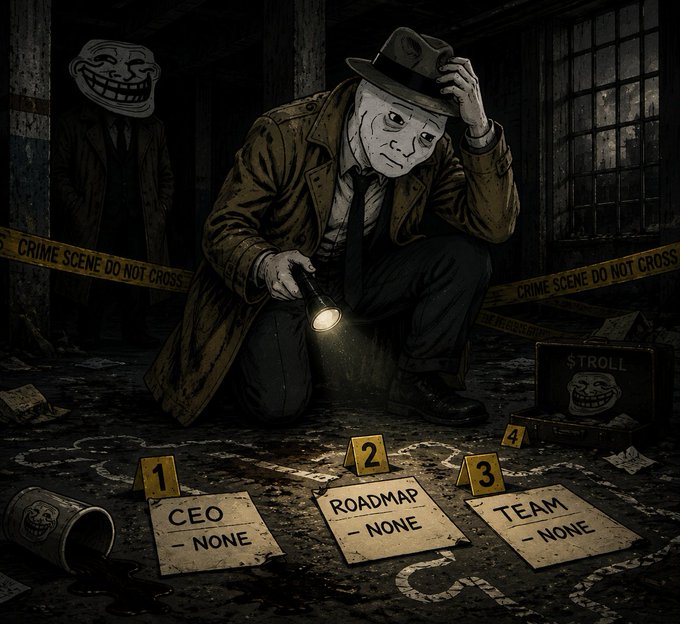 Stylized noir illustration of a detective in a trench coat investigating a crime scene, with evidence markers showing CEO - NONE, ROADMAP - NONE, and TEAM - NONE.
