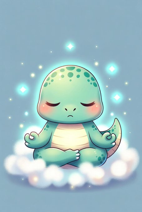 lloran, a green dinosaur character with white spots and horns, meditates on a cloud of white clouds against a light blue background.

2. The illustration features a cartoon lizard sitting cross-legged on its hind legs, eyes closed, and hands resting gently on its knees.