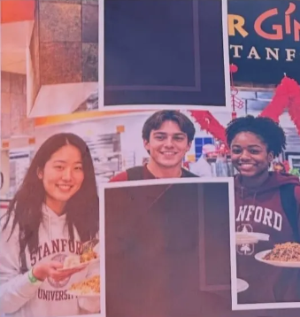 The image shows a photo collage featuring a young man in the center, flanked by two young women holding food (one wearing a "Stanford University" sweatshirt), illustrating how Stanford used AI to swap the central male student with an AI-generated Black woman in its advertising.