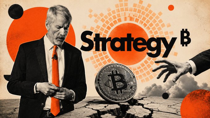 An illustration of Michael Saylor, the executive chairman of Strategy (formerly MicroStrategy), standing in a suit with his eyes closed, alongside a graphic displaying the "Strategy" company name next to a Bitcoin symbol, with a reaching hand and a cracked earth design symbolizing the company's historic break from its long-standing buy-and-hold Bitcoin strategy after selling 3,588 BTC worth roughly $216 million.