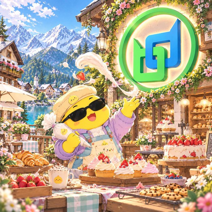 An illustration features a yellow chick character wearing sunglasses and an apron, baking pastries in a charming European-style village with mountains in the background and a green circular logo.