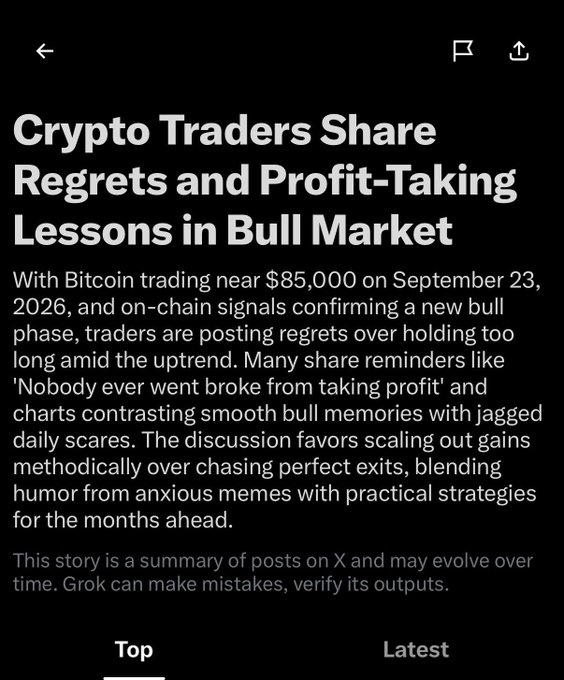 A screenshot of a news article titled "Crypto Traders Share Regrets and Profit-Taking Lessons in Bull Market," discussing Bitcoin trading near $85,000 on September 23, 2026, with on-chain signals confirming a new bull phase.