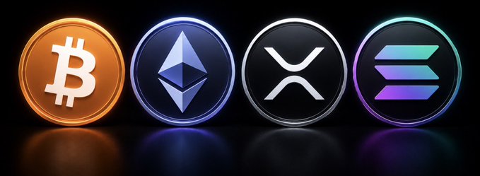 Four cryptocurrency coin icons displayed against a black background: Bitcoin (orange), Ethereum (blue/purple), XRP (white), and Solana (purple/teal gradient).
