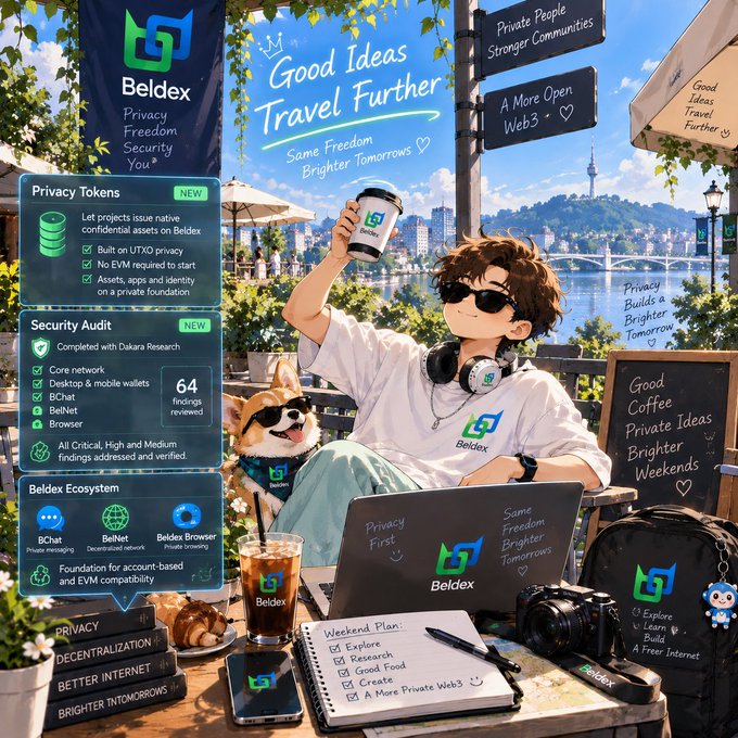 An anime-style promotional graphic for 'Beldex' featuring a character and dog at a cafe with text including 'Good Ideas Travel Further', 'Privacy Tokens', and 'Security Audit'.