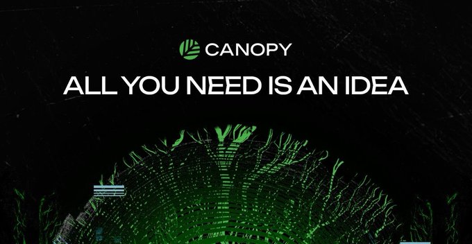 The image features an advertisement with a black background, green text that reads "All You Need Is An Idea", and a tree graphic design. The main focus of the image is the tree graphic, which appears to be made up of many lines or branches. This unique design could represent the idea behind @CNPYNetwork's approach to app development - creating an environment where apps can grow and thrive independently without being confined by traditional app models.