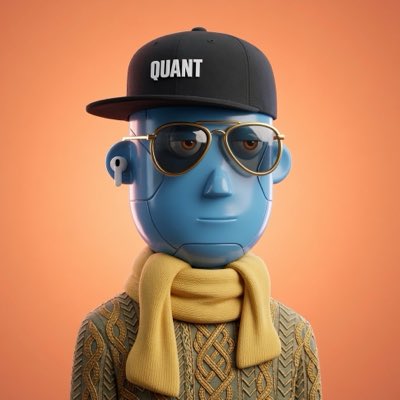 A blue humanoid 3D avatar wearing a black cap emblazoned with "QUANT," aviator sunglasses, a yellow scarf, and a knit sweater, representing the kind of stylized 3D character asset suited for metaverse platforms like Otherside.