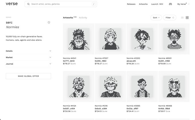 A Verse marketplace page for the 'Normies' series by serc, displaying 10,000 fully on-chain generative pixel-art faces with examples priced around $700+ each in ETH.