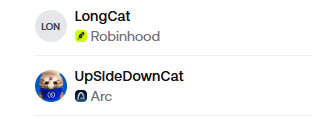 The image shows two cryptocurrency profile entries: "LongCat" with the ticker $LONGCAT associated with the Robinhood platform (green checkmark), and "UpSideDownCat" with the ticker $USDC linked to the Arc platform, directly visualizing the post's comparison of which cat-themed token will reach a $25 million market cap first.