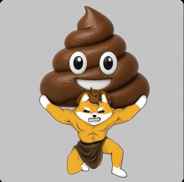 A cartoon Shiba Inu character with a muscular body and fierce expression is holding up a large, smiling pile of poop emoji on a gray background.