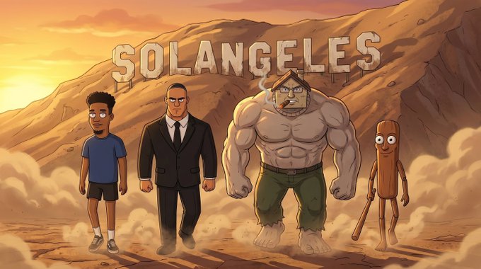The image features four cartoon characters, including two men dressed in suits and one man wearing a tie, standing together against a backdrop of a mountain range at sunset. The text "solangeles" appears multiple times throughout the scene, suggesting that this is an advertisement or promotional material for a show or movie featuring the character "solangeles".