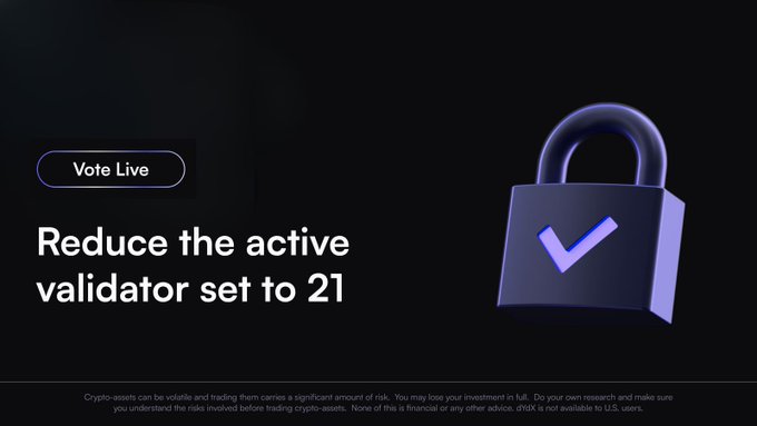 A dark-themed digital banner featuring a 3D purple padlock with a checkmark, displaying the text 'Vote Live' and 'Reduce the active validator set to 21', along with a cryptocurrency risk disclaimer.