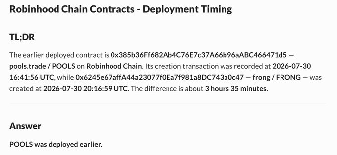 The image displays a post titled "Robinhood Chain Contracts - Deployment Timing," showing that the $POOLS contract (0x385b36Ff682Ab4C76E7c37A66b96aABC466471d5) was deployed at 2026-07-30 16:41:56 UTC, approximately 3 hours 35 minutes before the $FRONG contract (0x6245e67affA44a23077f0Ea7f981a8DC743a0c47) at 2026-07-30 20:16:59 UTC, providing evidence to support the poster's claim that $POOLS was deployed earlier than $FRONG.