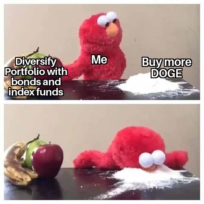 In the image, a teddy bear holding an apple sits next to a pile of white powder called "dope". A caption below this scene reads "Me buy more DOGE", referring to a DOGE investment strategy. The text on the post states that diversifying portfolio with bonds and index funds may be beneficial, which could possibly be related to the concept of investing in DOGE tokens or stocks.