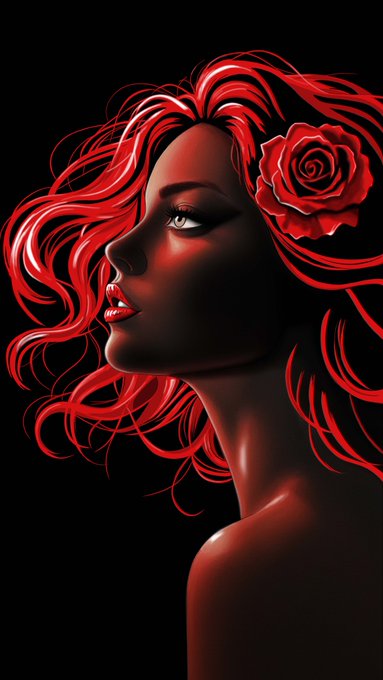 A stylized digital illustration of a woman with flowing red hair and a red rose, depicted in dramatic red and black tones.