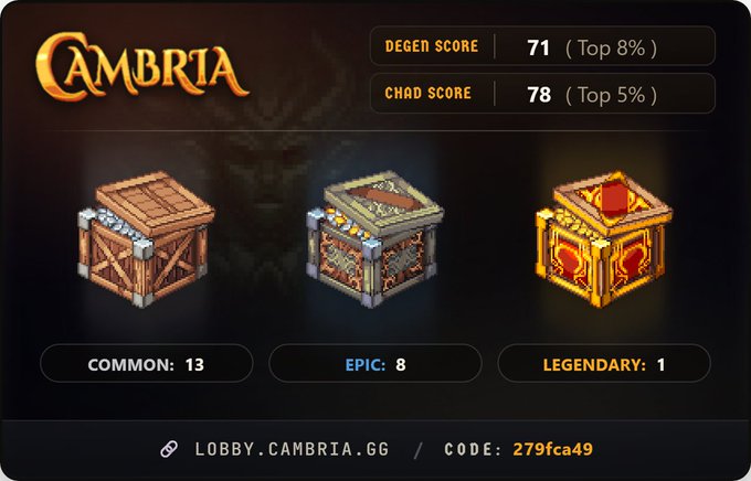A digital scorecard for 'CAMBRIA' showing Degen Score 71 (Top 8%), Chad Score 78 (Top 5%), with chest tiers Common: 13, Epic: 8, Legendary: 1, and lobby code 279fca49.