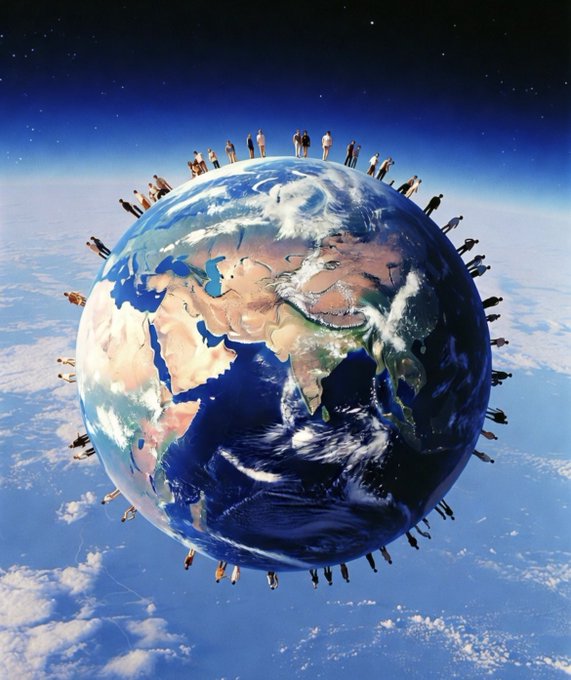 A conceptual image of Earth floating in space with tiny human figures standing around the planet's circumference.