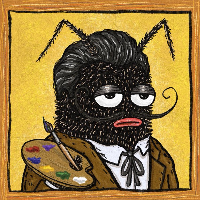 A whimsical illustration portrays a bee-like creature with a human face, fuzzy black body, and antennae, holding a painter's palette and brush against a yellow background.
