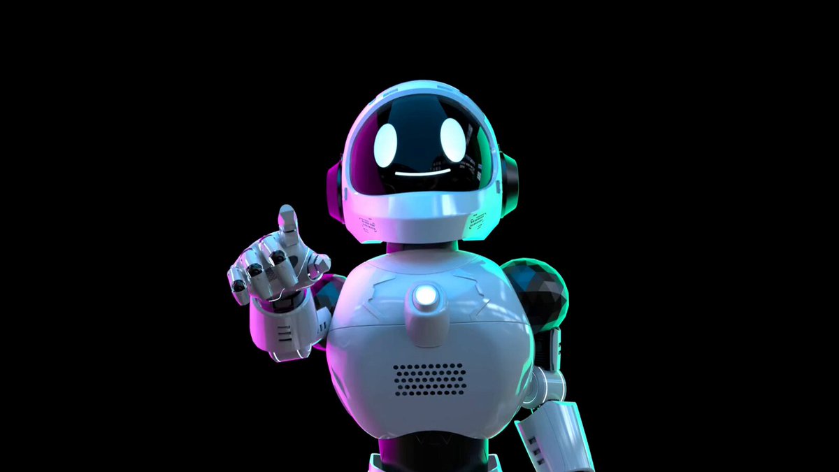 The image features a robot with a white body, black head, and arms. It has a smiley face and is pointing towards the camera. The background of the image is black, which contrasts with the white body of the robot. There are no other objects or texts in the image.