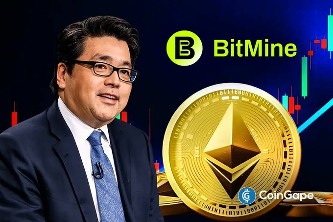 In the image, there are two men dressed professionally - one man wearing glasses, and another man with a tie. They appear to be in front of a graphic design featuring a gold coin symbolizing Bitcoin. Overlaying this scene is an advertisement promoting an investment opportunity, specifically a Bitmine funds raising to buy more Ethereum tokens. The post highlights the potential benefits and returns associated with investing in this cryptocurrency, emphasizing its future growth and market appeal.