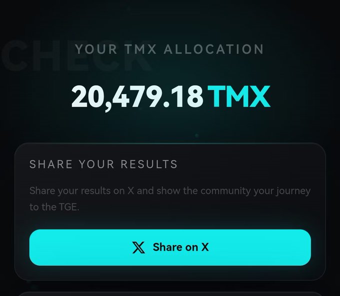 A screenshot displaying a TMX allocation of 20,479.18 TMX with a 'Share on X' button.