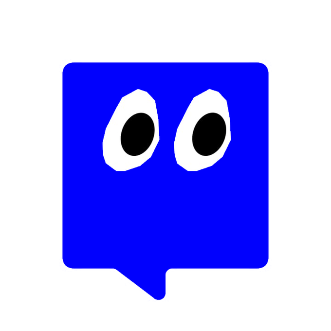 A blue speech bubble with cartoon-like googly eyes, symbolizing the messaging apps (iMessage, Google Messages, WhatsApp) mentioned in the post. The image visually represents the "chat bubble" ecosystem where Basemate aims to bring money transfers onchain, making the speech bubble itself a financial tool.