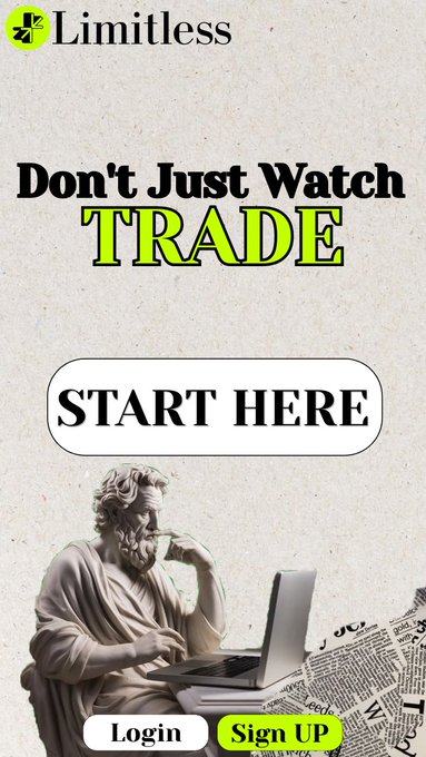 Marketing image for 'Limitless' with text 'Don't Just Watch TRADE', 'START HERE', featuring a classical statue using a laptop alongside Login and Sign UP buttons.