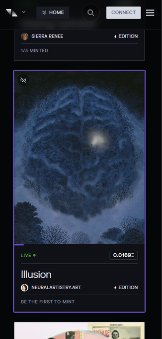 A mobile app interface showing an NFT titled 'Illusion' by NEURALARTISTRY.ART, featuring a dark blue swirling pattern with a moon.