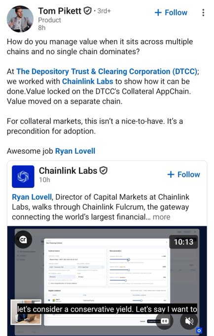 A LinkedIn post by Tom Pikett discussing how Chainlink Labs worked with The Depositary Trust & Clearing Corporation (DTCC) to lock value on the DTCC's Collateral AppChain, tagging Ryan Lovell.