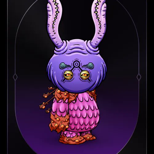 Stylized illustration of a purple character with tall horns and yellow eyes against a dark background.