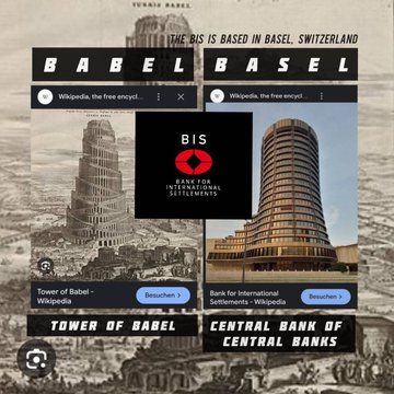 This appears to be a meme depicting the BIS (Bank for International Settlements) as the "Tower of Babel" on Wikipedia, juxtaposed with an image of the Basel headquarters labeled as the "Central Bank of Central Banks." The accompanying post suggests that BIS's adoption of the XRP Ledger (XRPL) signifies a major move, with the meme emphasizing BIS's Basel location and its powerful role as the ultimate banking authority now embracing XRP technology.