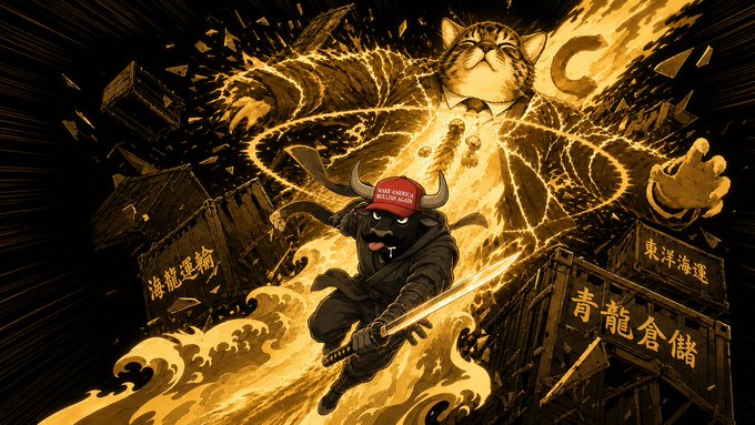 A ninja-like feline warrior wearing a "Make America Meow Again" cap wields a glowing sword amid golden flames, while a giant cat-headed deity labeled "C" looms above shipping crates marked "東祥海運" and "青龍倉儲" — a vivid, meme-charged illustration of the $CATE and $ANSEM tokens proclaimed as "billion dollar coins."