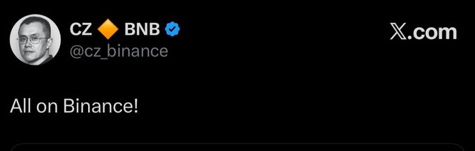This is a screenshot of a tweet from CZ Binance that says "All on Binance!", likely promoting the platform's services in conjunction with the #1 DEX on BNB Chain, $ASTER.