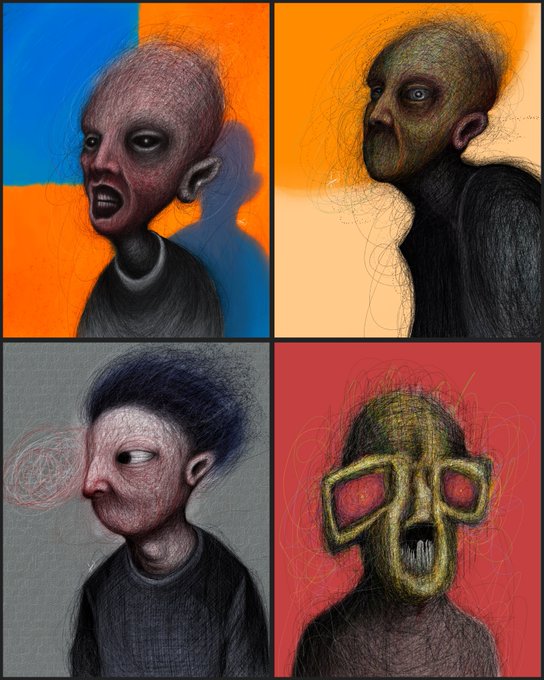 A four-panel illustration featuring unsettling, surreal character portraits with exaggerated features against solid blue, orange, gray, and red backgrounds.