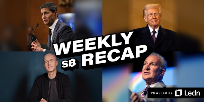 A promotional graphic titled 'WEEKLY RECAP' featuring four photos of men (appearing to be political and tech figures) with 'POWERED BY Ledn' logo.