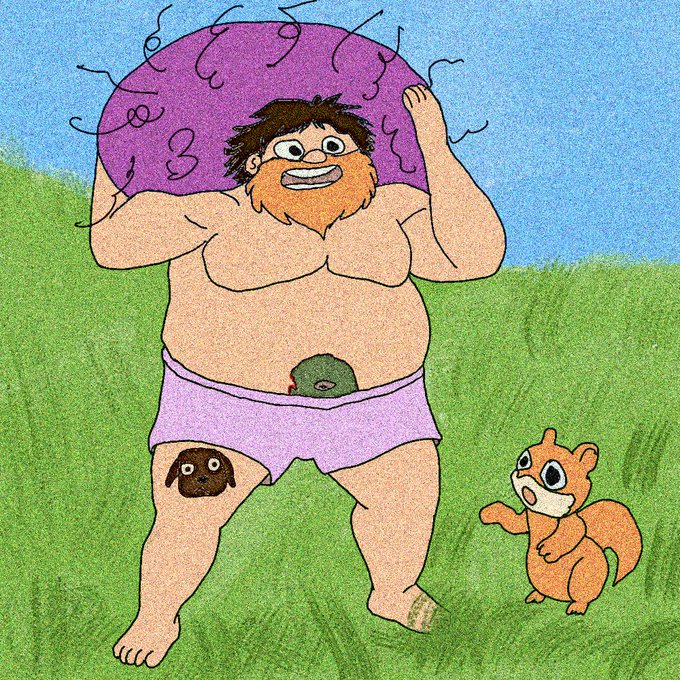 A cartoon drawing of a bearded, shirtless man in pink shorts lifting a large purple weight overhead while a small squirrel watches in a grassy field.