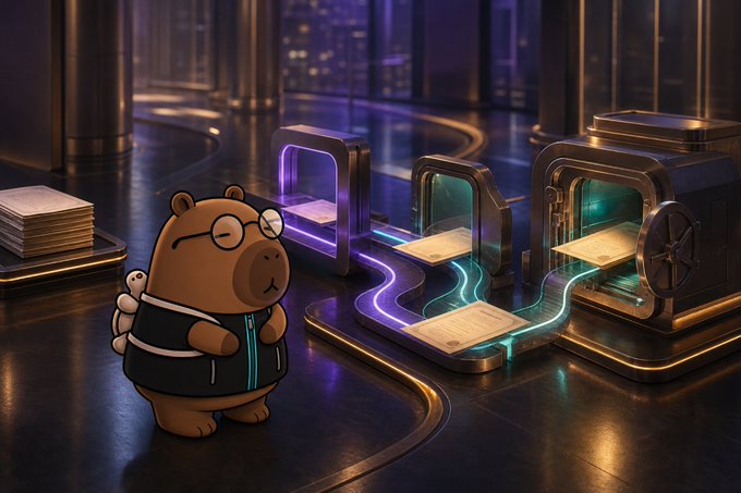 An illustrated scene shows a bespectacled cartoon bear character wearing a backpack standing before futuristic machines processing documents with glowing neon trails in a dark, high-tech environment.