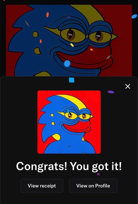 The image shows a social media post with two pictures of a character, one being a cartoon of a blue and yellow creature resembling a gremlin or a monster, and the other being an actual picture of a gremlin. The post includes text that congratulates the user on their purchase, stating "Congratulations! You got it!".
