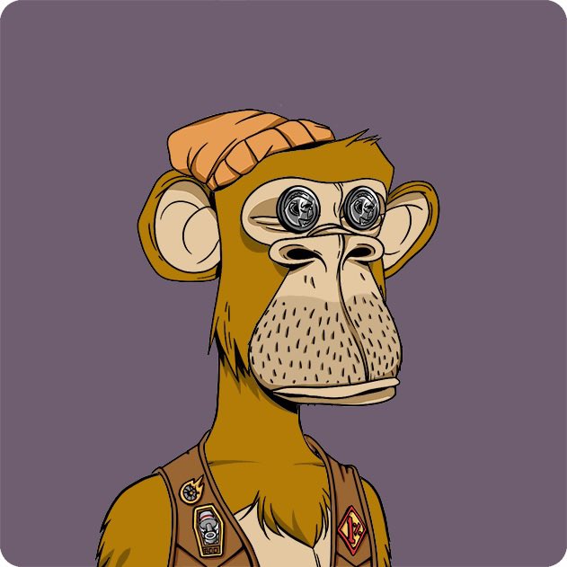An illustrated portrait of a brown monkey wearing an orange beanie and a brown vest adorned with patches, featuring large mechanical-looking eyes.