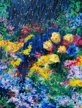 A vibrant, impressionistic painting depicting a colorful floral scene with bright yellows, reds, and blues under what appears to be a starry or rainy sky.