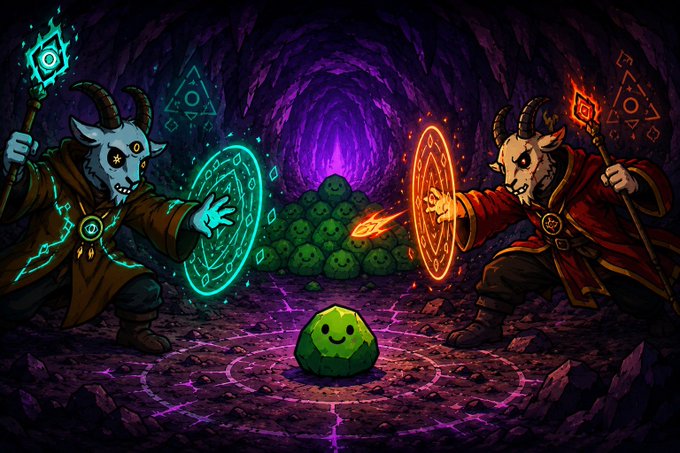A fantasy digital artwork depicting two horned, goat-like wizards casting opposing cyan and orange magical spells in a dark cave, facing a small, smiling green creature.