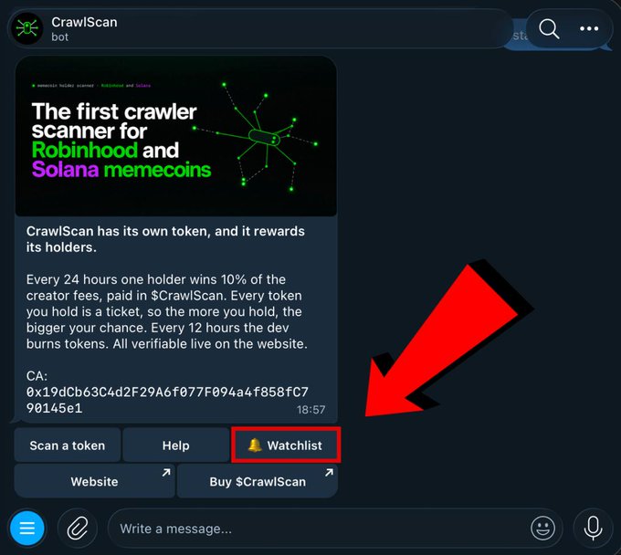 A screenshot of a Telegram bot named 'CrawlScan' advertising itself as 'The first crawler scanner for Robinhood and Solana memecoins,' with a red arrow pointing to a 'Watchlist' button.