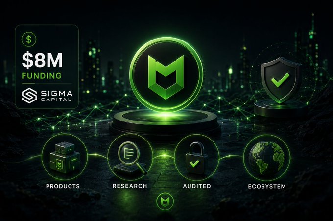 A promotional graphic featuring a green crypto logo with an 'M' symbol, highlighting $8M funding from Sigma Capital and categories: Products, Research, Audited, Ecosystem.