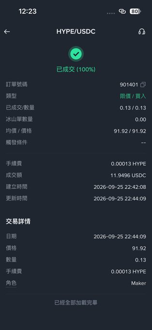 A mobile app screenshot showing a completed (100%) HYPE/USDC cryptocurrency trade at a price of 91.92, order number 901401, with details including a quantity of 0.13 and total of 11.9496 USDC.
