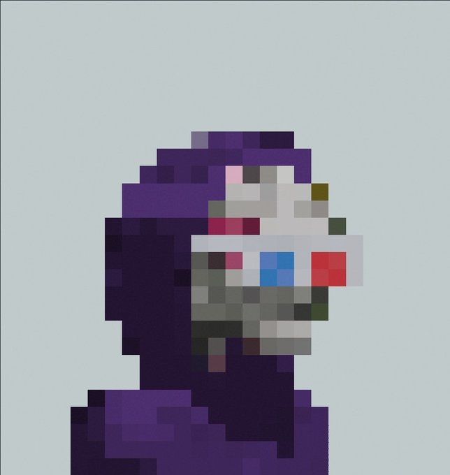A pixelated/voxel-style portrait of a hooded figure with a glitchy, distorted appearance in purple and gray tones.