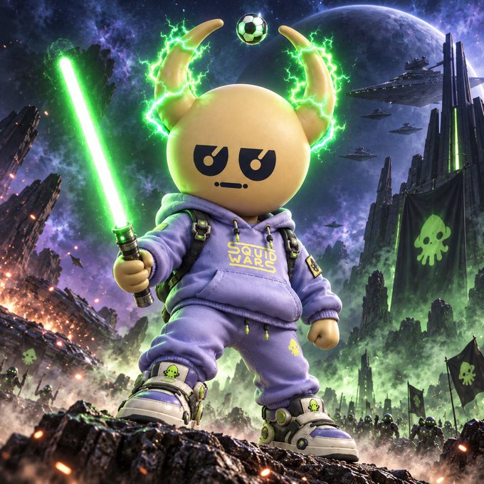 A digital illustration of a cute cartoon character with horns wearing a purple 'Squid Wars' hoodie and wielding a green lightsaber, set against a sci-fi landscape with a soccer ball and space battleships.