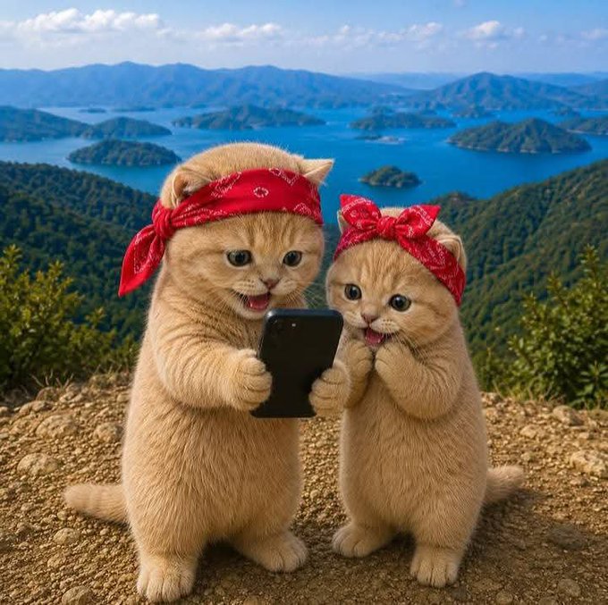 Two adorable golden kittens wearing red bandanas stand on a cliff overlooking a scenic archipelago with blue waters and green islands.