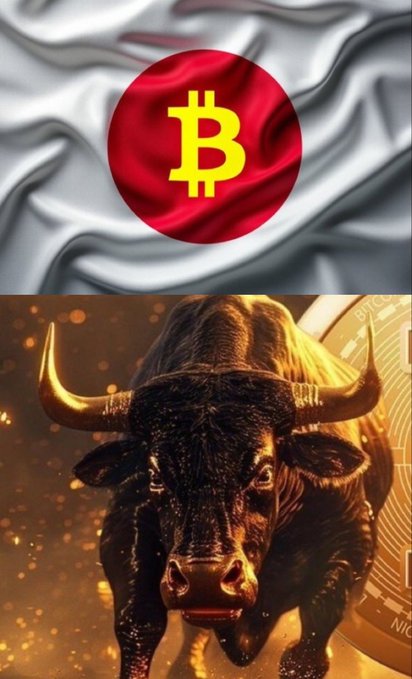 A Japanese flag with a Bitcoin-style "B" symbol on top, paired with a charging golden bull in front of a Bitcoin, visually reinforces the post's bullish message on Japan easing regulations for yen stablecoins to drive real-world adoption.