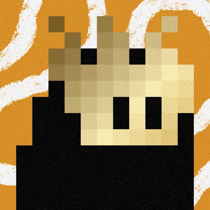 Pixel art style illustration of a cream-colored cat-like creature with black eyes and teeth set against an orange and white background.
