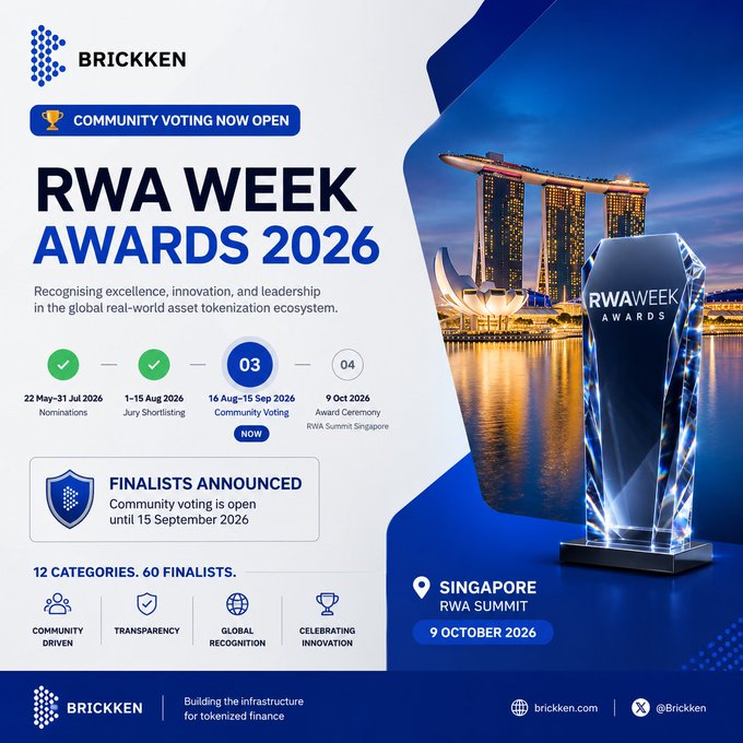 Promotional graphic for the RWA Week Awards 2026 by Brickken, announcing community voting from August 16 to September 15, with the award ceremony taking place in Singapore on October 9, 2026.